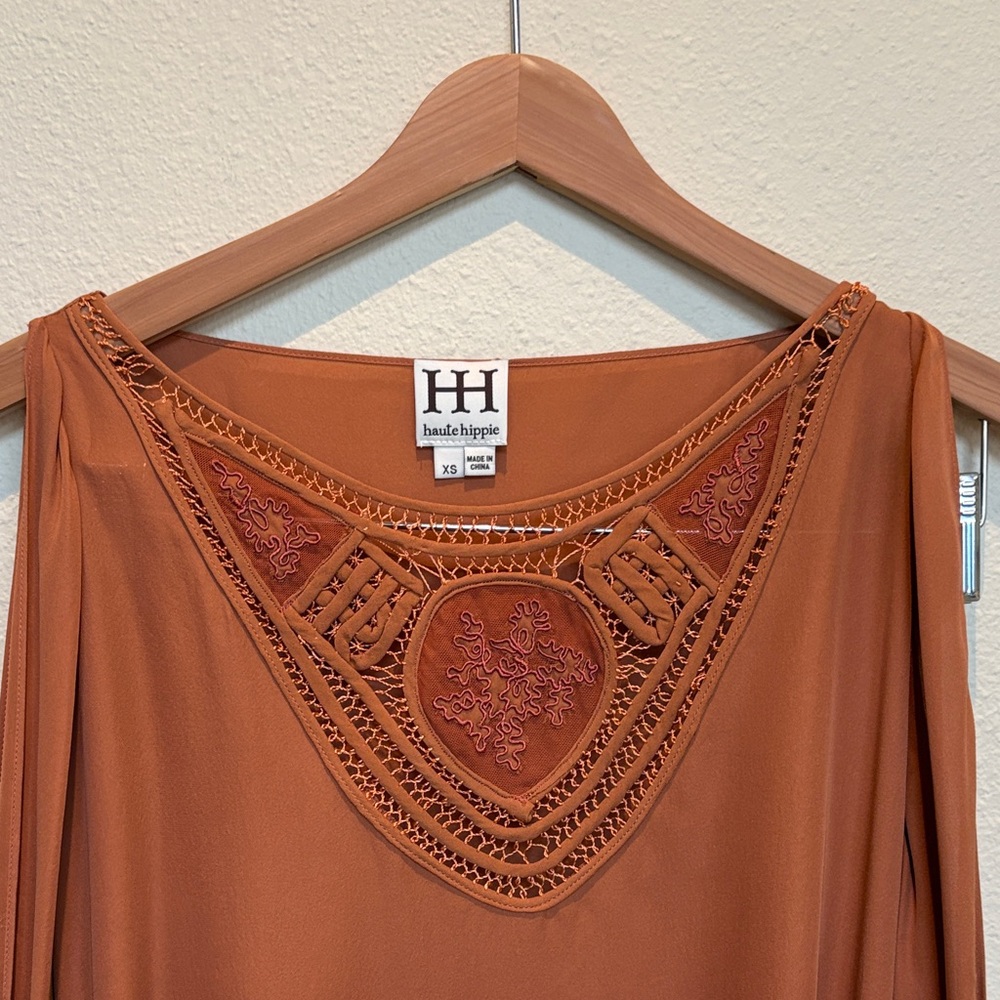 Haute Hippie Rust Orange Silk Embroidered V-Neck Blouse